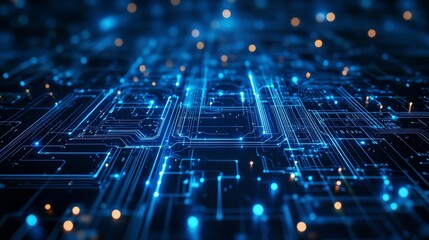 Digital Circuitry With Glowing Blue Lights Creating a Futuristic Technology Background in a Dark Setting During the Evening