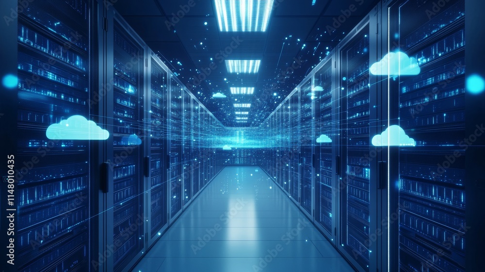 Poster advanced data center with servers and digital cloud technology enhancing connectivity and efficiency