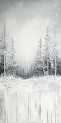 A tranquil winter scene featuring snow-laden trees and a misty background, captured in a monochrome painting style.
