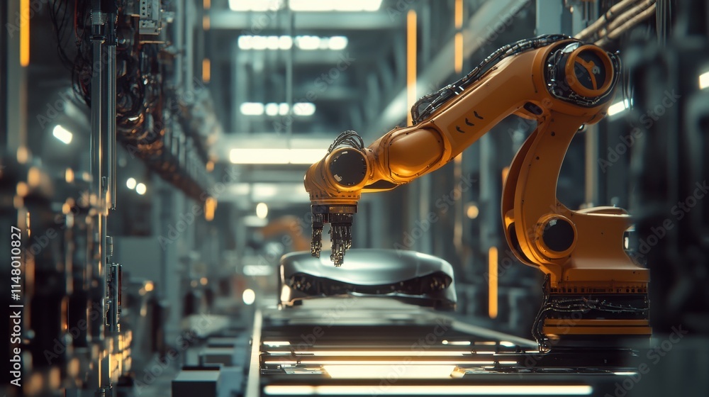 Poster a robotic arm operates in a modern factory, showcasing advanced automation technology and precision 