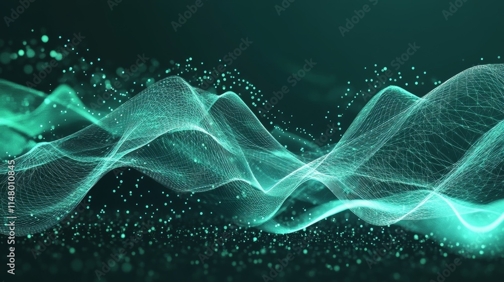 Poster captivating green wave patterns resembling digital sound waves flowing across a dark background duri