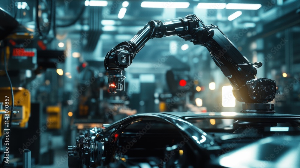 Poster a robotic arm works on an automobile assembly line in a modern factory, highlighting advanced automa