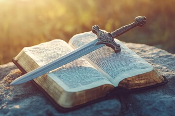 holy bible and sword in sunlight