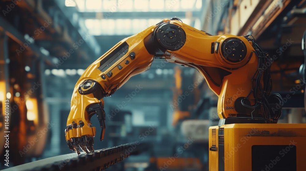 Poster a robotic arm in a factory setting, showcasing advanced automation technology in vibrant yellow, emp