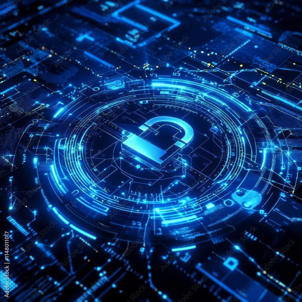 Aufkleber digital lock symbol illuminated against a high-tech circuit board background, highlighting cybersecu