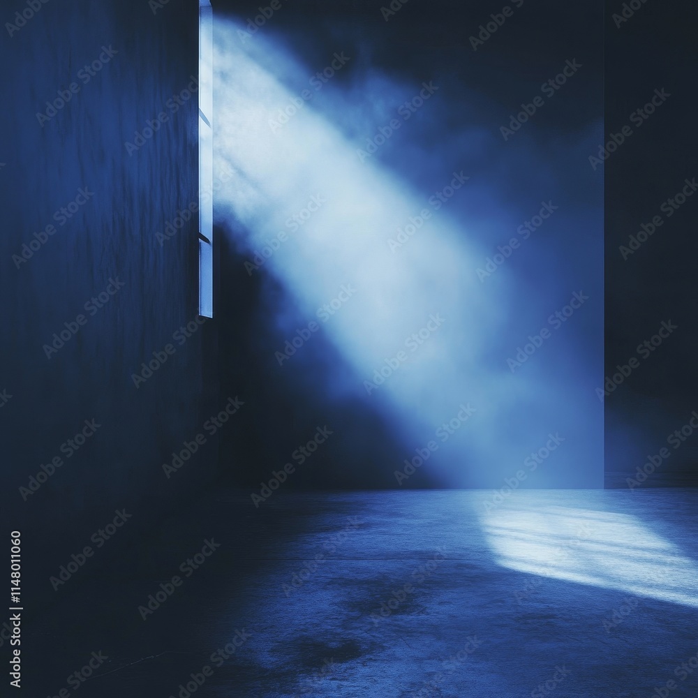Poster soft blue light filters through a window in a dimly lit room creating an ethereal atmosphere with sh