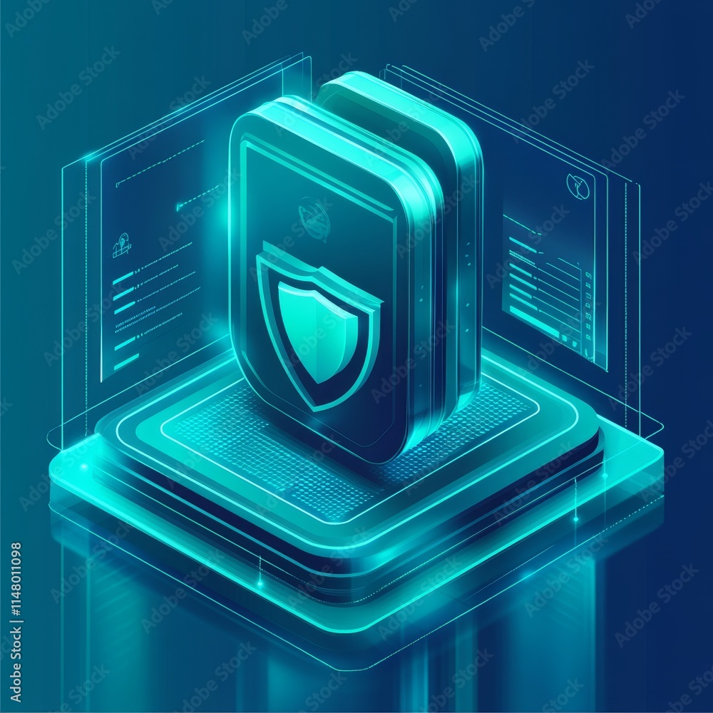 Poster digital security design featuring a shield symbol and data protection elements in a futuristic, glow