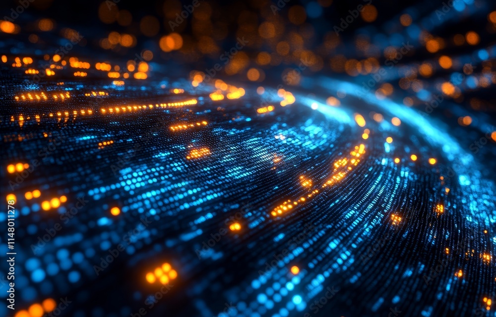 Poster abstract visualization of swirling blue and orange light patterns demonstrating digital motion and e
