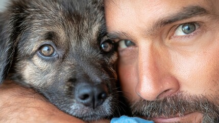 Obraz premium A man holding a small dog in his arms