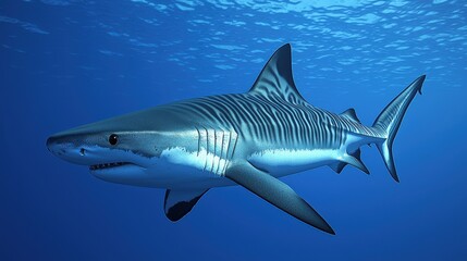 Obraz premium A realistic depiction of a shark swimming gracefully in clear blue waters, showcasing its sleek body and distinct stripes.