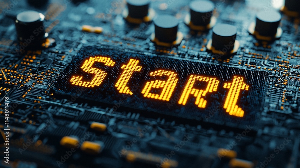 Poster Illuminated Start Button on Circuit Board Display
