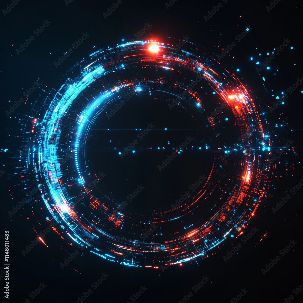 Poster digital abstract design featuring a vibrant circular pattern with blue and red lights creating a fut