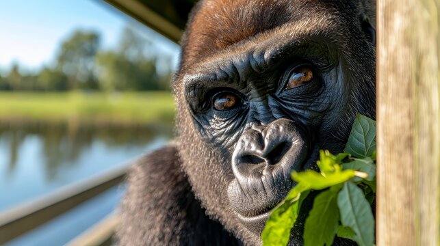 A close up of a gorilla looking over a fence
