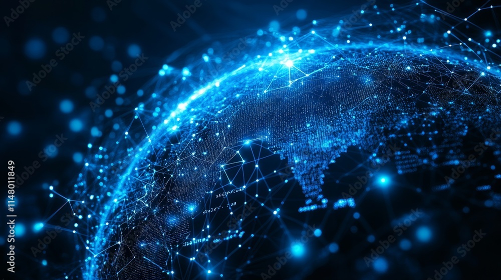 Poster visual representation of interconnected global networks highlighting data exchange across continents