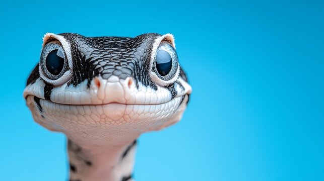  A close up of a gecko's face on a blue background