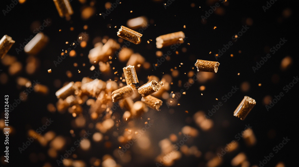 Poster floating pellets create dynamic visual effect against a dark background.