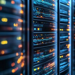 Naklejka premium Modern Data Center Showcasing Illuminated Server Racks and Advanced Technology in a High-Tech Environment During Nighttime Operations