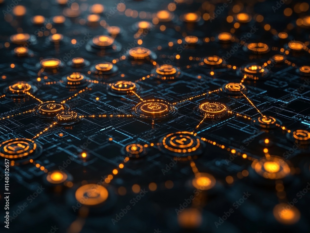 Poster visual representation of a digital network with glowing nodes and connections illustrating technolog