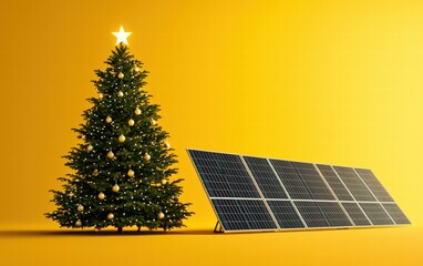 Solar panels positioned next to a modern, minimalist Christmas tree on a sunny yellow background