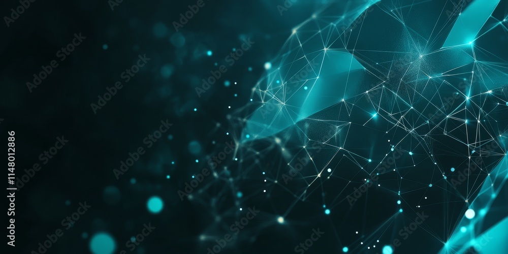 Poster abstract digital design featuring glowing lines and particles in teal against a dark background at n