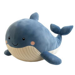 Blue plush toy whale with smiling face and eye detail, transparent PNG for decorative or children's purposes