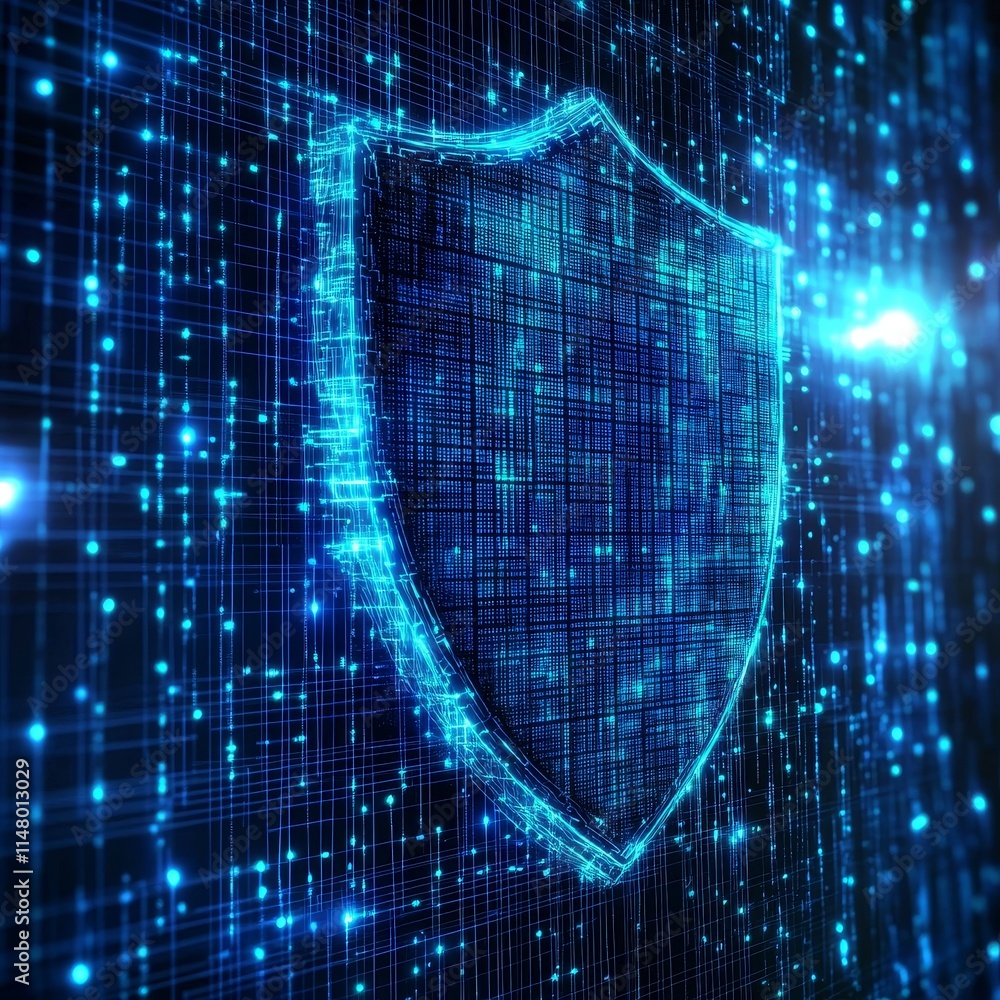 Poster digital shield symbolizing cybersecurity protection with glowing data patterns in a futuristic envir