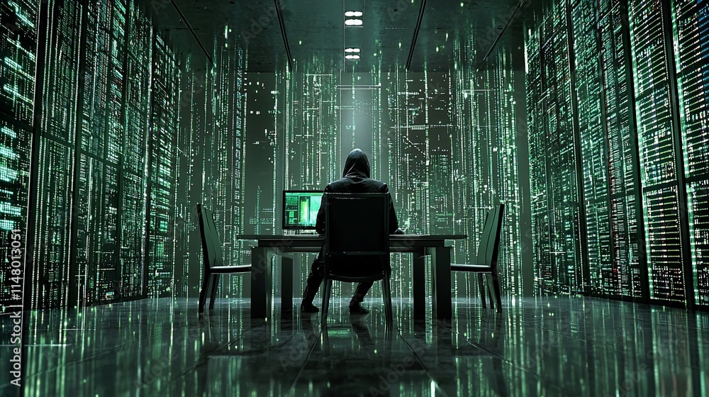 Poster Hooded Hacker Working Amidst Digital Data Streams