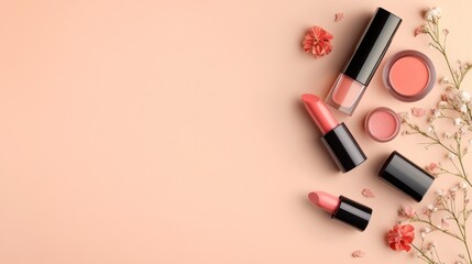Obraz premium Coral Makeup Products Arranged With Flowers On Peach Background