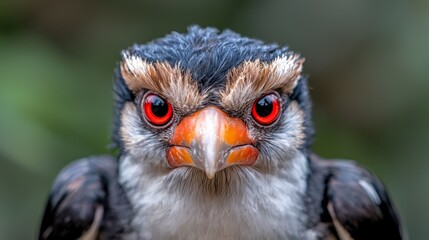 A close up of a bird with red eyes