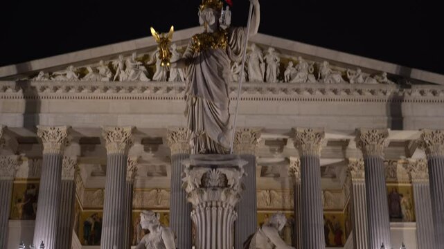 Vienna, Austria - December 13, 2024: Evening (Night) view of the Austrian Parliament building.