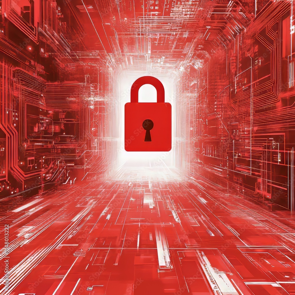 Poster red digital lock symbol representing security in technology, illustrating data protection in a high-