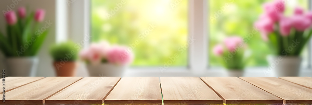 Poster a wood table top with a blurred window view of flowers is ideal for product displays and layouts._00