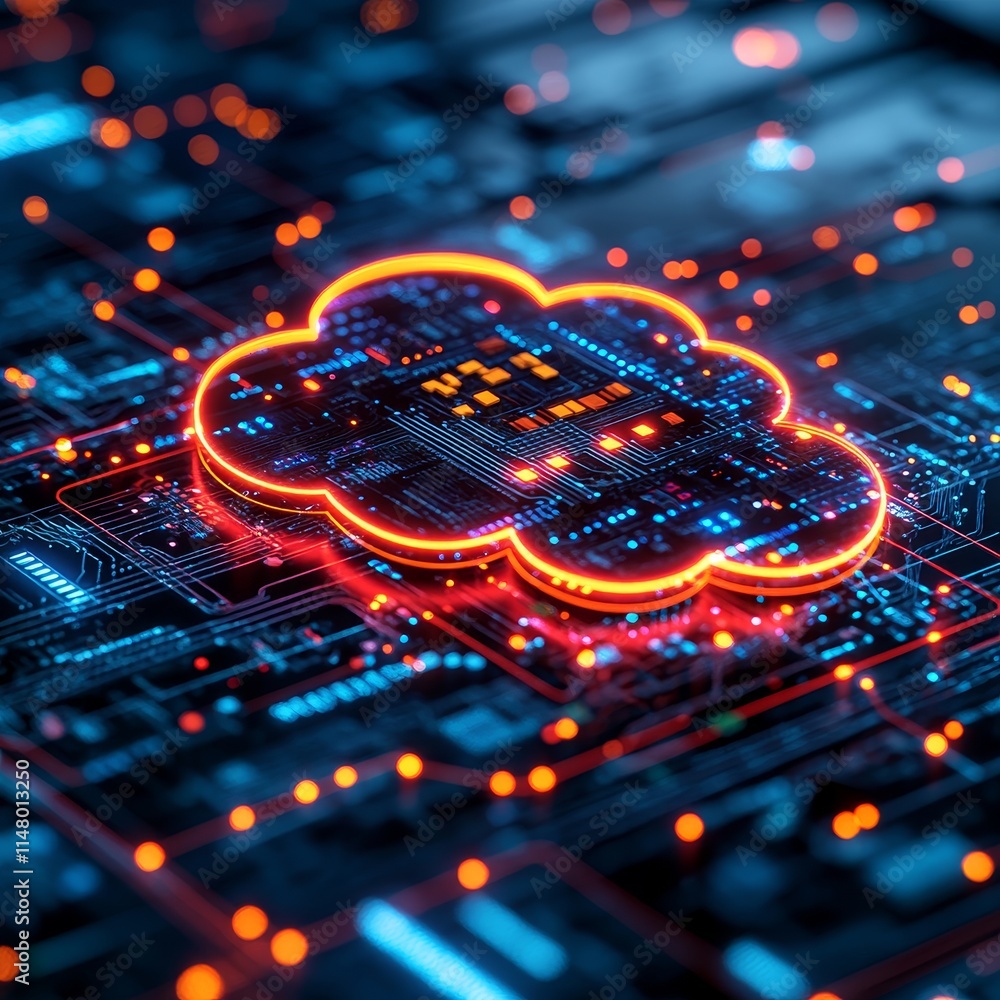 Poster digital cloud network with circuitry glowing in red and blue lights showcasing advanced technology c