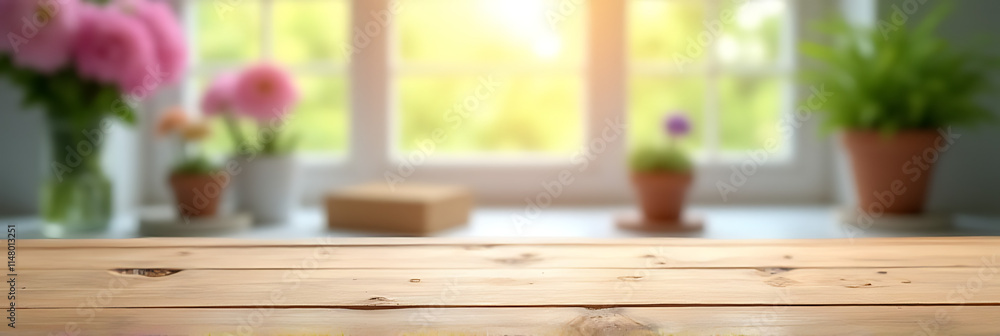 Poster a wood table top with a blurred window view of flowers is ideal for product displays and layouts._00