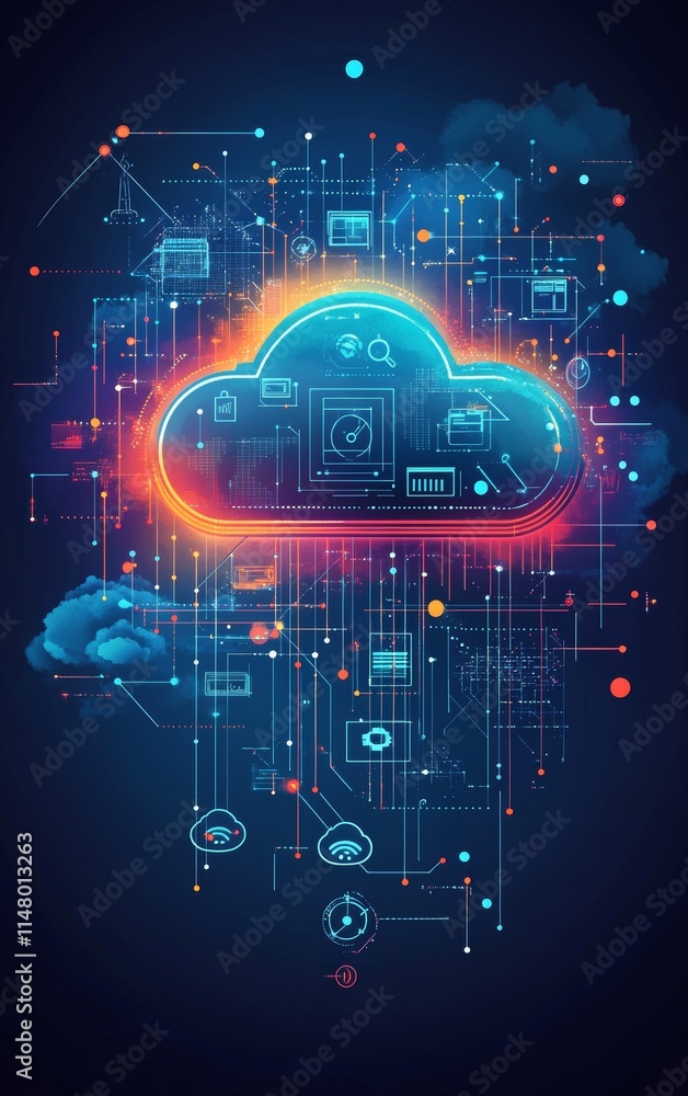 Poster digital cloud computing illustration showcasing interconnected devices and data flow in a vibrant, a