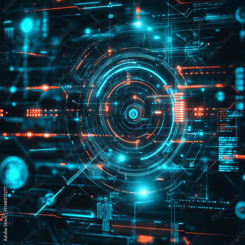 Poster dynamic futuristic interface with glowing blue and orange elements showcasing technology and data vi