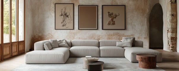 Minimalist interior design of modern living room panorama. Big corner modular sofa near stucco wall with frames.