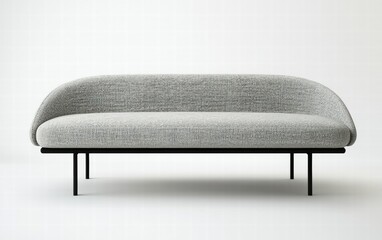 A sleek modern sofa with minimalist design, gray fabric upholstery, and thin black metal legs, isolated on a white background
