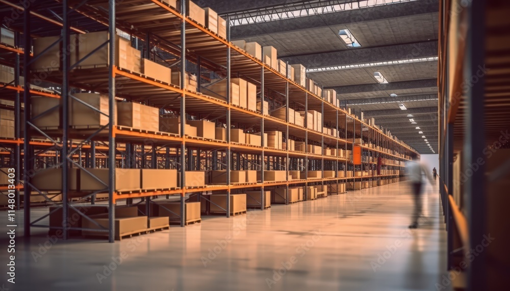 Poster vast distribution warehouse interior with multiple shelves full of cardboard boxes and efficient wor