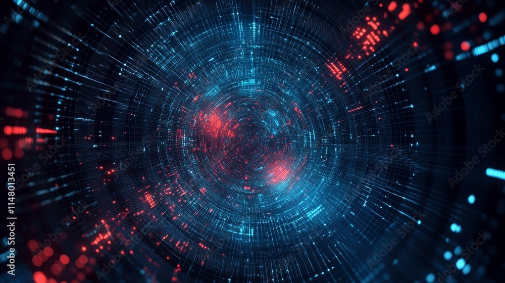 Poster digital abstraction illustrates a swirling vortex of data, light, and energy in a futuristic environ