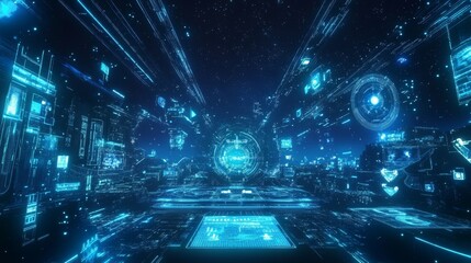 Futuristic Digital Landscape Featuring a Vibrant Network of Glowing Data Streams and Holographic Elements in a High-Tech Environment