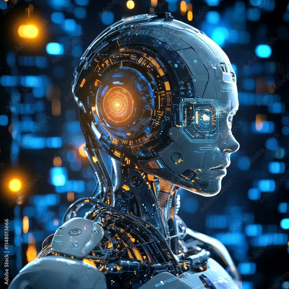 Poster advanced humanoid robot with intricate circuitry illuminated by blue and orange lights, exploring ar