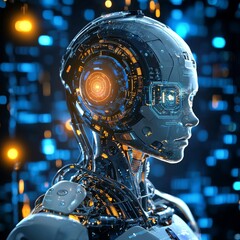 Advanced Humanoid Robot With Intricate Circuitry Illuminated by Blue and Orange Lights, Exploring Artificial Intelligence in a Futuristic Environment