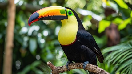 Fototapeta premium A vibrant toucan perched on a branch amidst lush green foliage, showcasing its striking beak and colorful plumage.