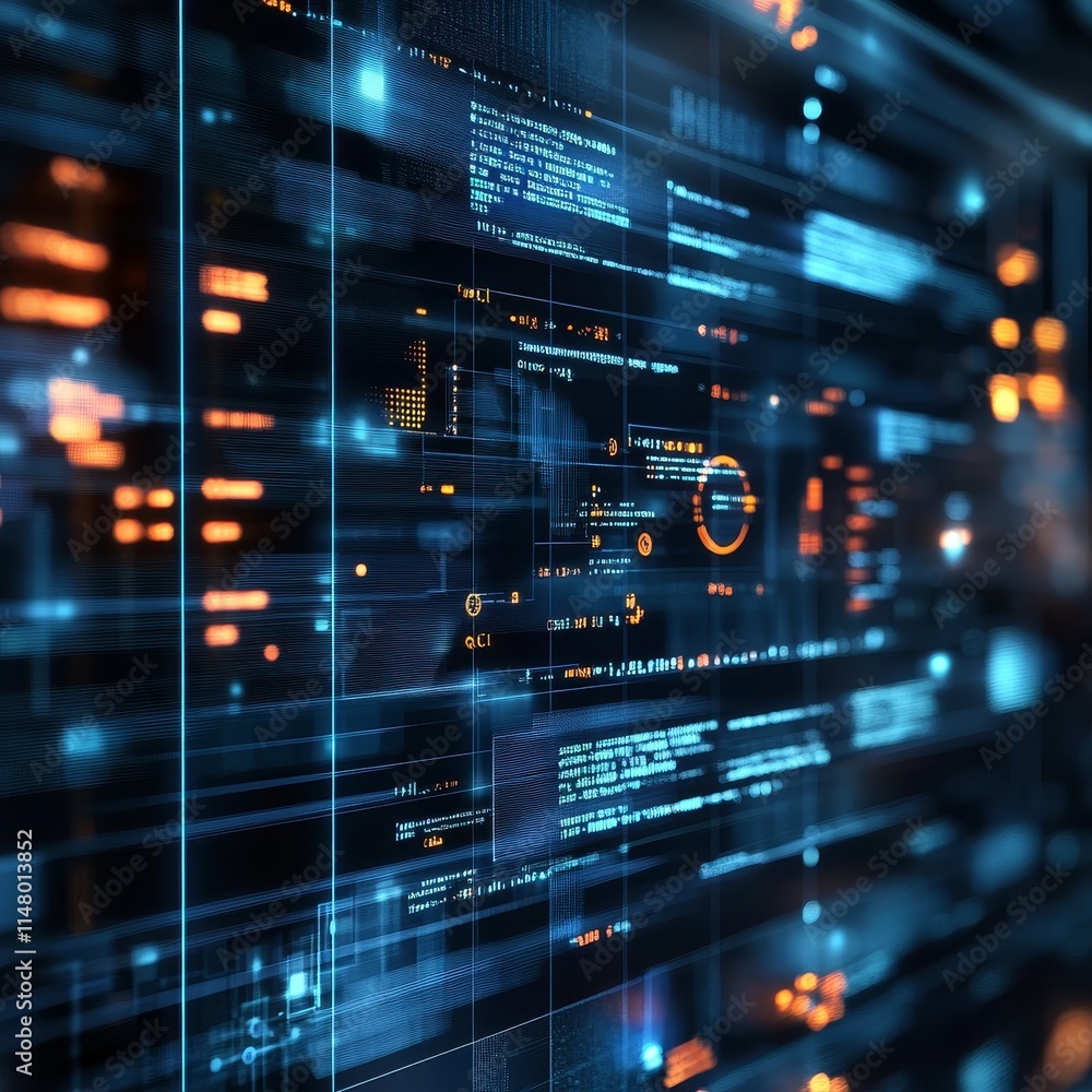 Aufkleber Digital Interface Displaying Futuristic Data Streams and Complex Coding Elements in a High-Tech Environment During a Night Setting