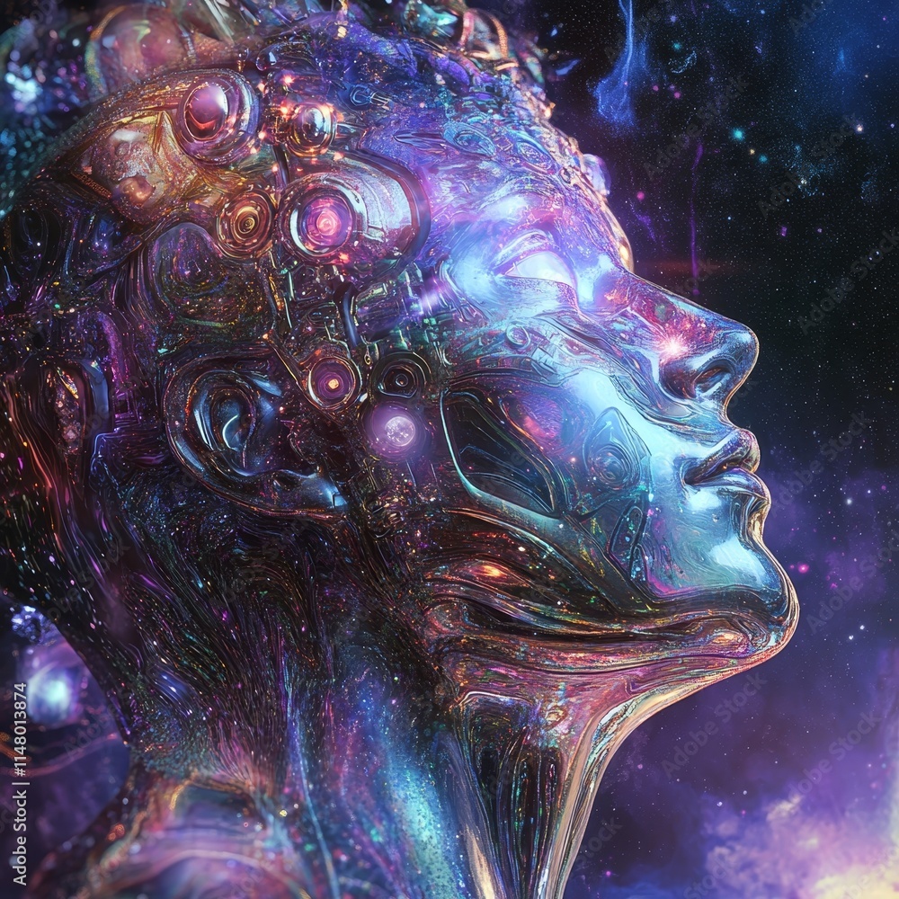 Poster digital creation of a futuristic humanoid figure with intricate metallic features against a vibrant 