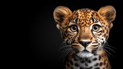  A close up of a leopard's face on a black background