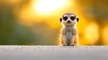 A small meerkat standing on top of a cement wall