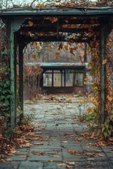 Fototapeta premium Overgrown pathway leading to abandoned structure in autumn landscape with scattered leaves