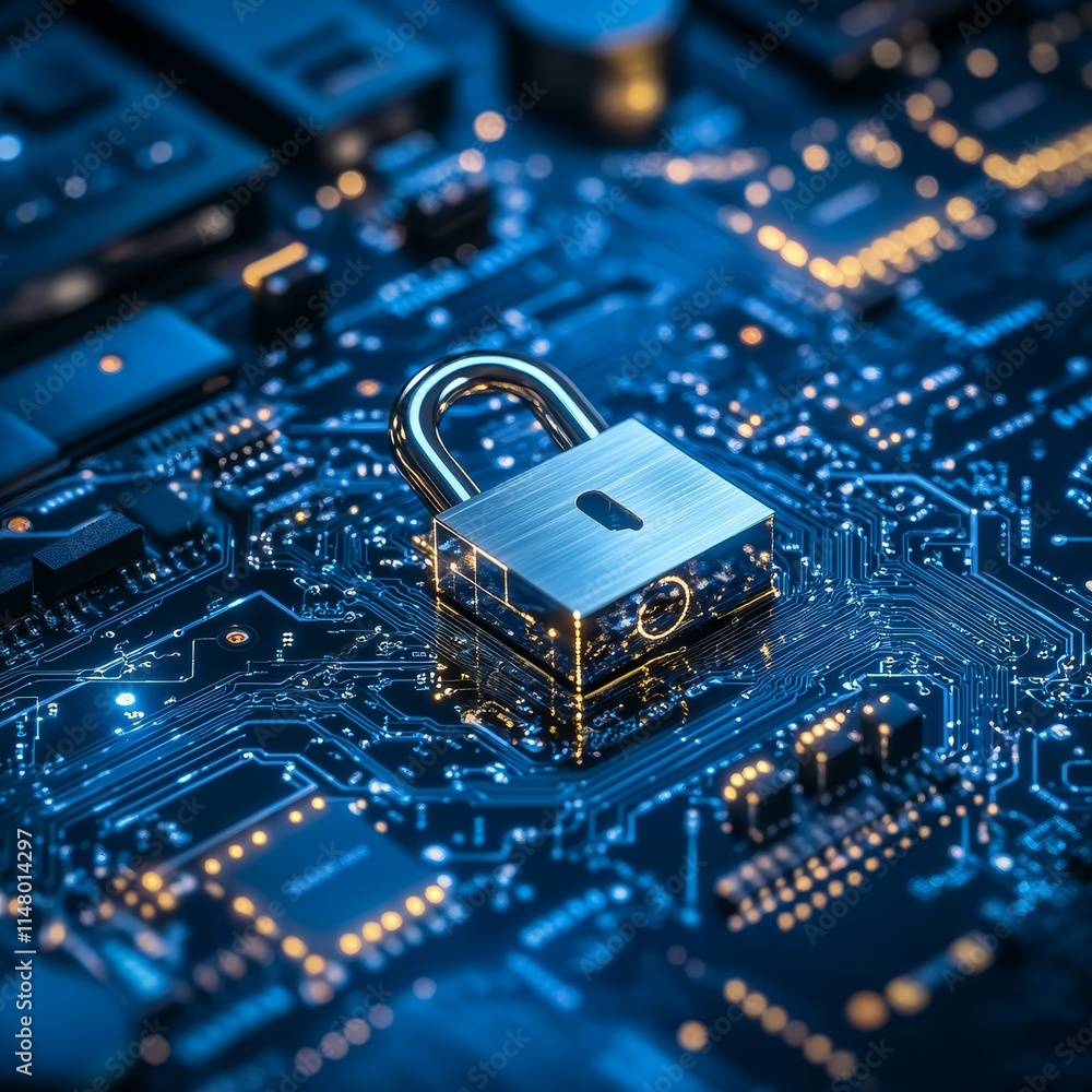 Poster digital security lock on a circuit board representing cybersecurity technology and data protection s